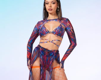 Festival Outfit: Sexy Bikini, Duster Skirt, Long Sleeve Shrug