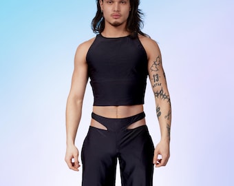 Black Male Halter Cutout Rave Set – Men’s Festival Outfit, Techno Clubwear, Cyber Rave Streetwear Costume