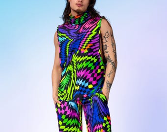Psychedelic Neon Men's Festival Rave Set – Muscle Top and Cuff Pants, Trippy EDM Dancewear, Techno Party Clothing