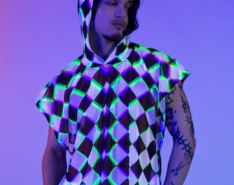 UV Reactive Checkmate Unisex Hooded Rave Top – Festival Techno Clothing, EDM Dancewear, Psytrance Club Party Outfit