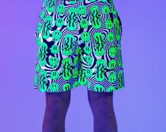 UV Reactive Men's Rave Shorts – Blacklight Festival Clothing Bottom, Neon Psytrance Dancewear, EDM Club Party Outfit