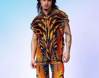 UV Reactive Rave Outfit Set – Unisex Hooded Top and Split Pants, Blacklight Neon Psytrance Festival Clothing