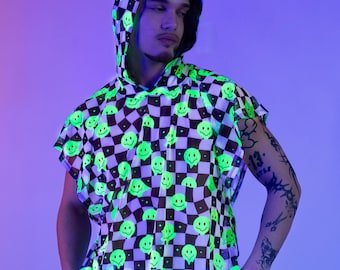 UV Reactive Smiley Checkerboard Unisex Hooded Rave Top – Festival Techno Clothing, Neon EDM Dancewear, Psytrance Party Outfit