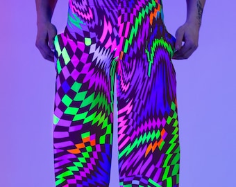 Psychedelic Neon Cuff Pants for Men – Festival Rave Clothing Bottom, Trippy EDM Dancewear, Techno Club Outfit