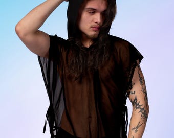 Black Male Hooded Rave Set – Men’s Festival Outfit, Techno Clubwear, Cyber Rave Streetwear Clothing