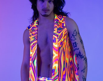 Neon Swirl Hooded Rave Vest for Men – Psychedelic Festival Clothing, Colorful EDM Dancewear, Techno Club Party Outfit