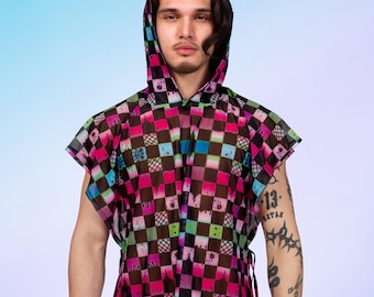 Pink Checkerboard Unisex Hooded Rave Top – Festival Techno Clothing, Harlequin EDM Dancewear, Club Party Outfit