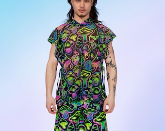 UV Reactive Psychedelic Unisex Rave Outfit Set – Hooded Festival Top and Rave Shorts, Psytrance Clothing, Neon EDM Dancewear