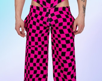 Pink Checkerboard Male Cutout Rave Pants – Festival Clothing for Men, Harlequin EDM Dancewear, Techno Club Outfit