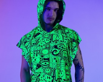 UV Reactive Unisex Hooded Rave Top – Blacklight Festival Clothing, Neon Psytrance Dancewear, EDM Club Party Outfit