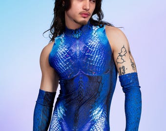 Blue Cyber Sleeveless Costume for Men – Futuristic Festival Rave Outfit, EDM Dancewear, Techno Club Party Look