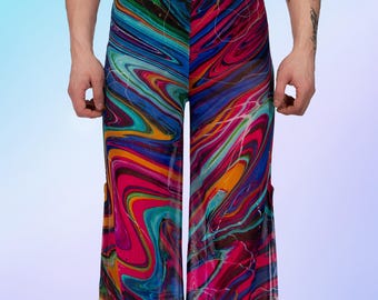 Psychedelic Split Rave Pants for Men – Trippy Festival Clothing Bottom, Colorful EDM Dancewear, Techno Club Outfit