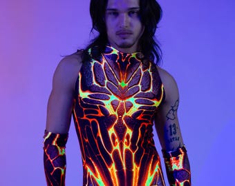 Male Sleeveless Festival Costume – Lava Rave Bodysuit for Men, EDM Dancewear, Techno Club Party Outfit