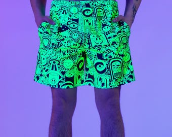 UV Reactive Men's Rave Shorts – Blacklight Festival Clothing Bottom, Neon Psytrance Dancewear, EDM Club Party Outfit