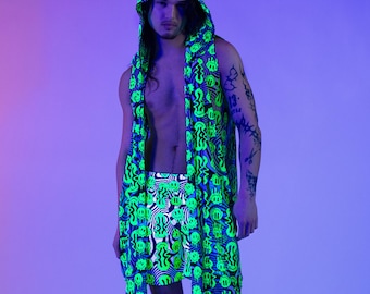 UV Reactive Men's Festival Rave Set – Hooded Vest and Rave Shorts, Blacklight Neon Psytrance Clothing, EDM Dancewear