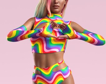 Pride Month Set, buntes Pride Set, Pride Set, Festival Frau Set, Regenbogen Pride Set, LGBTQ Parade Top, inspiriertes Outfit, Bisexual Pride Set