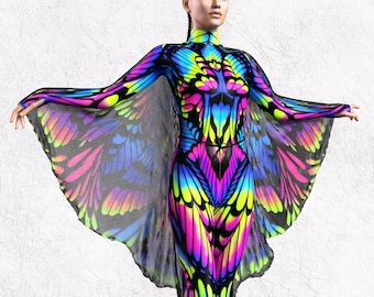 Conjunto de trajes de neón, traje de luz UV, traje rave mujer, conjunto de rendimiento mujer, traje de luz UV del festival, traje rave futurista mujer