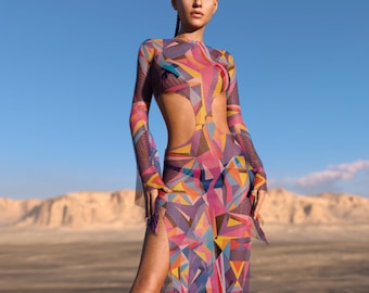 Voir à travers la robe longue Rave pour les femmes, robe longue découpée pour femmes Festival pure, tenue de Festival de maille pour les femmes, robe de Festival, tenue Rave