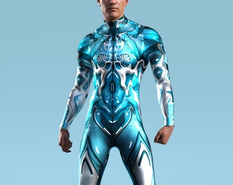 Blue Cyber Costumes, Cyber Bot Costume Men, Armour Costume Men, Cosplay Costume Men, Rave Costumes For Men, Festival Bodysuit, Rave Wear Men