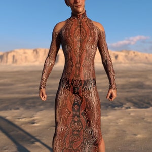 Männliches schieres Festival nackte Schulter Kleid, Langarm-Mesh Rave männliches Kleid, transparentes Kleid für Männer, Festival Outfit Männer, männliches Rave-Outfit