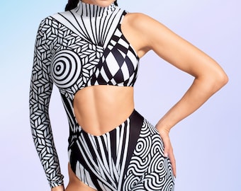 Asymmetrical Rave Catsuit: BnW Festival Costume, Party Outfit
