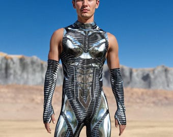 Sleeveless Rave Bodysuit: Men's Festival Costume with Gloves