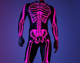 UV Reactive Skeleton Costume: Halftone Full Bodysuit