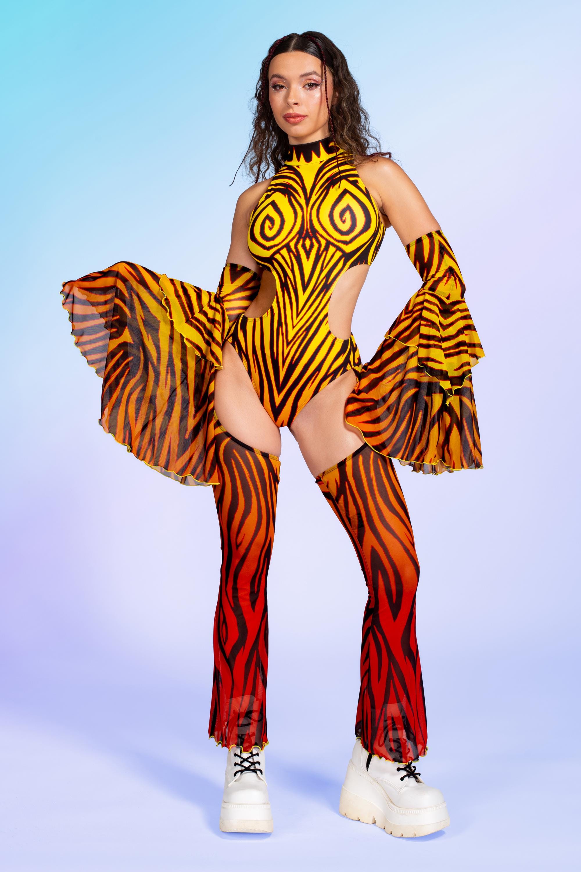 Flame Pattern Backless Chaps Bodysuit for Women – Festival Rave Costume ...