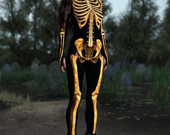 Golden Skeleton Bodysuit: Women's Halloween Costume, Cosplay Catsuit