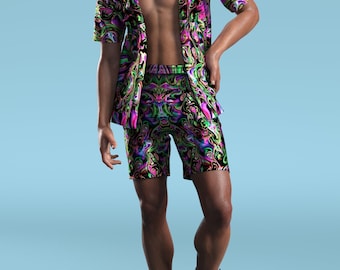 Men's Rave Outfit: Hallucinogenic Liquid Printed Shirt & Kimono