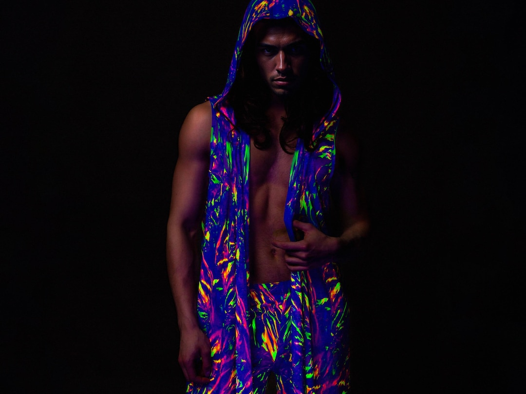 Male UV Psychedelic Rave Set, Festival Mesh Hooded Vest and Split Pants ...