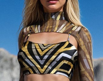 Top de festival para mujer, top de malla para fiesta, top Burning Man para mujer, top de encogimiento de hombros para rave, atuendo rave para mujer, top de fiesta disco, top psicodélico para festival.