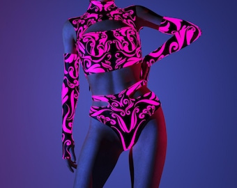 Festival Tänzerin Outfit, Sexy Cutout Rave Set, Neon Kleidung Frau, UV-Licht Outfit Festival Outfit, Festival Party Set, Burning Man Outfit