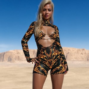 Rave Long Sleeve Romper, Psychedelic Disco Jumpsuit, Festival Cutout Romper Woman, Sexy Romper Set, Rave Outfit Woman, Burning Man Romper