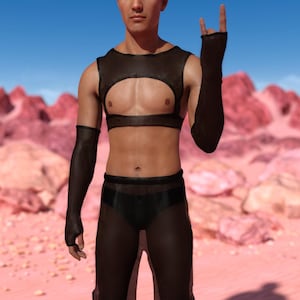 Festival schwarzes Outfit für Männer, Disco Mesh Herrenset, Festival Rave Outfit-Set, Transparent Man Set, Party Herrenoutfit, Festival Disco-Outfit