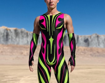 UV Neon Rave Romper for Men: BuzzSaw Hybrid Festival Outfit