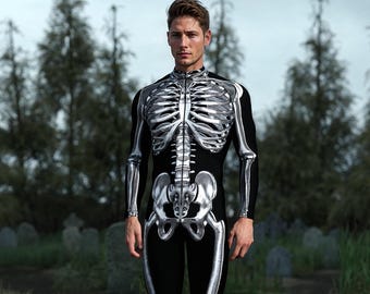 May include: Black bodysuit with a detailed, silver-colored skeleton print. The costume features a full-body design with a zipper closure. Perfect for Halloween or themed events.