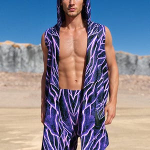 Festival UV Purple Vest, Rave Hooded Male Vest, Performance Sleeveless Vest, Burning Men Wear, Rave Festival Male Outfit, Man Rave Outfit