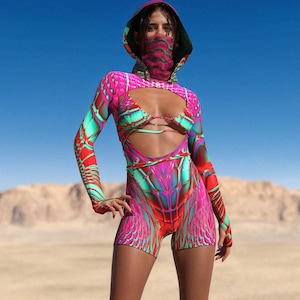 Rave Cutout Romper Woman, Sexy Romper Set, Festival Long Sleeve Romper, Psychedelic Disco Jumpsuit, Rave Outfit Woman, Festival Hooded Set