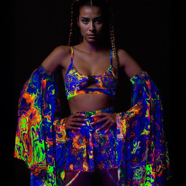 UV Psychedelic Top, Festival Fashion, Festival Outfit For Women, Belt Buckle Top, Trippy Crop Top, UV Festival Clothing, Festival Sexy Top