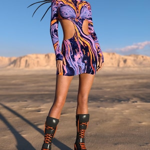 Purple Rave Cutout Dress: Festival Printed Outfit