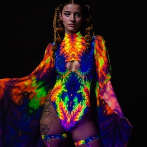 Rainbow Festival Mesh Bodysuit Woman, Psychedelic Rave Bodysuit Women, UV Reactive Rave Outfit, Cutout Angel Bodysuit, Performance Clothing
