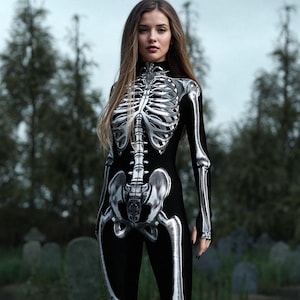 Zilveren bodysuit met skelet: Halloween-kostuum voor dames