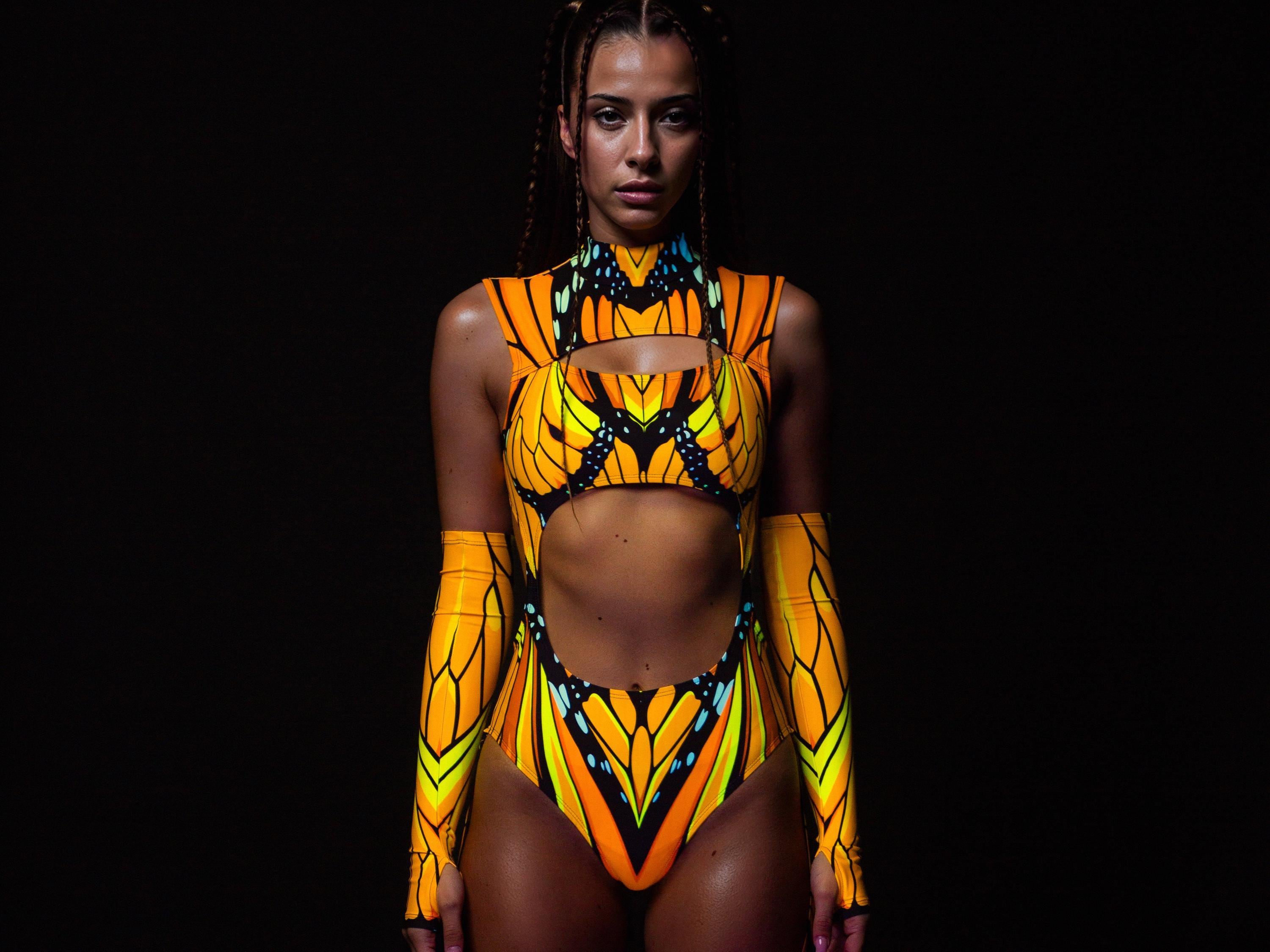 Butterfly Festival Bodysuit, UV Reactive Rave Leotard Set, Performance Set, Festival Chaps Leotard Set, Women Rave Outfit, Festival Outfit