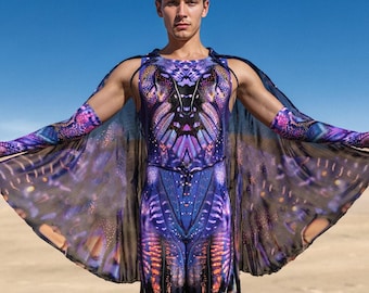 Purple Rave Festival Romper: Men's Burning Man Costume with Gloves