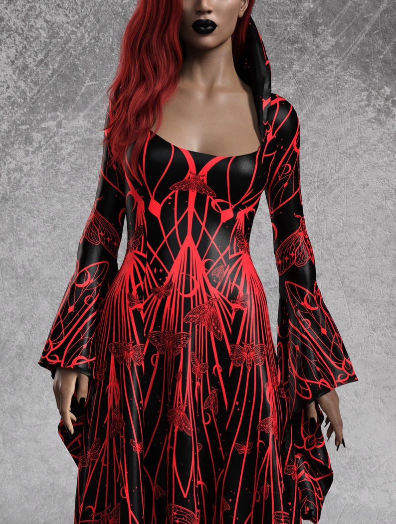 Black Goth Dress, Rave Black Outfit Woman, Gothic Witch Dress, Festival Dress Women, Gothic Dress Women, Witchy Red Dress, Hooded Goth Dress image 6