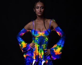 UV Tie Dye Dress: Psychedelic Costume with Flared Sleeves