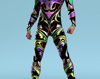 Dark Liquid Rave Bodysuit Men: Psychedelic Festival Costume