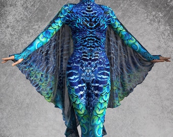 Peacock Bodysuit: Women's Festival Costume, Animal Print Full Bodysuit