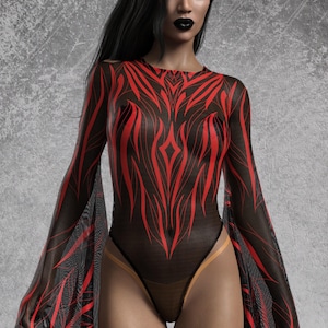 Goth Bodysuit Women, Rave Costume Woman, Mesh Goth Bodysuit Woman, Festival Bell Sleeves Bodysuit, Mesh Disco Leotard, Red Clothing Women